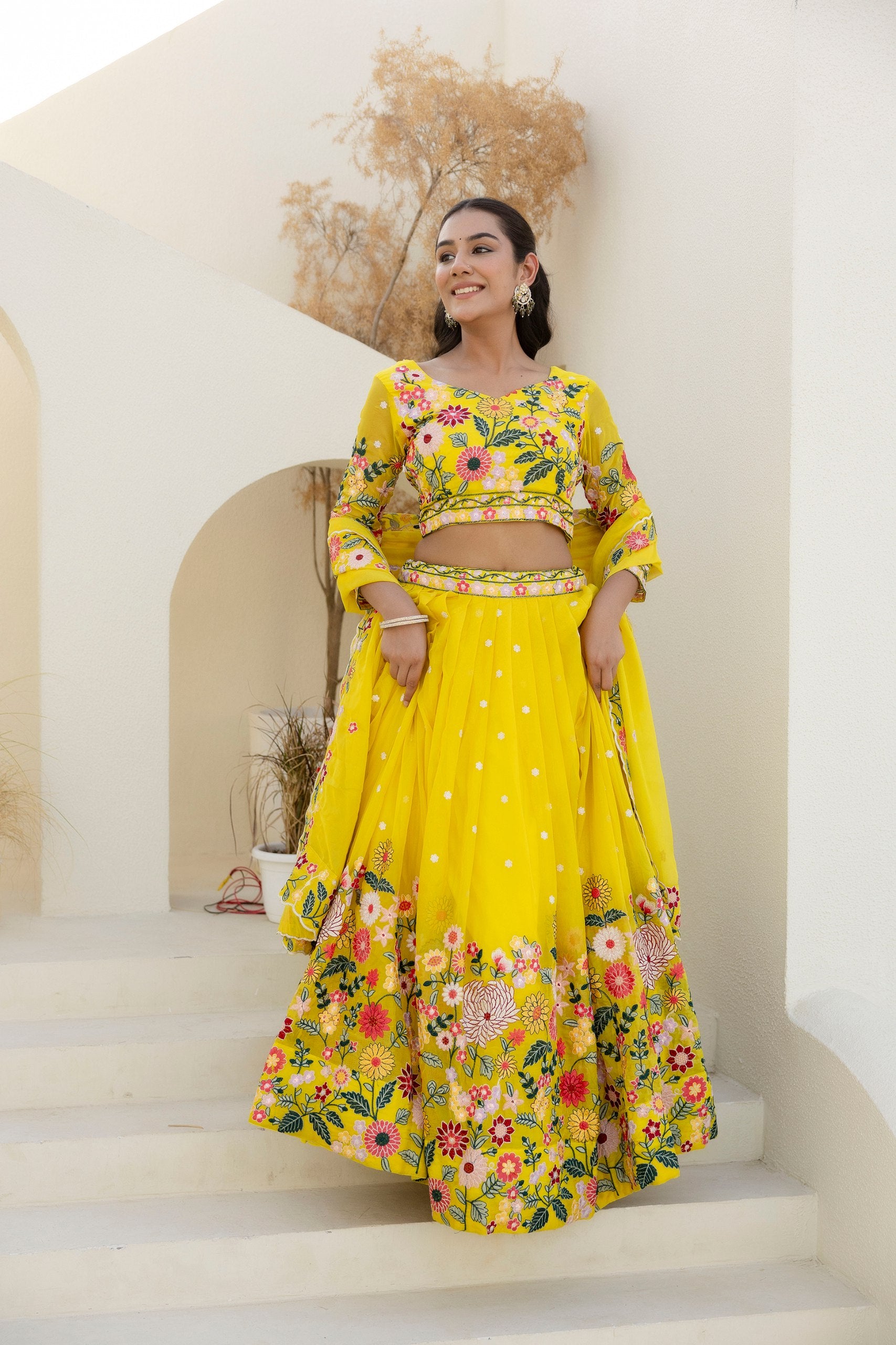 Yellow Floral Embroidered Organza Lehenga Set | RoopRivaaj