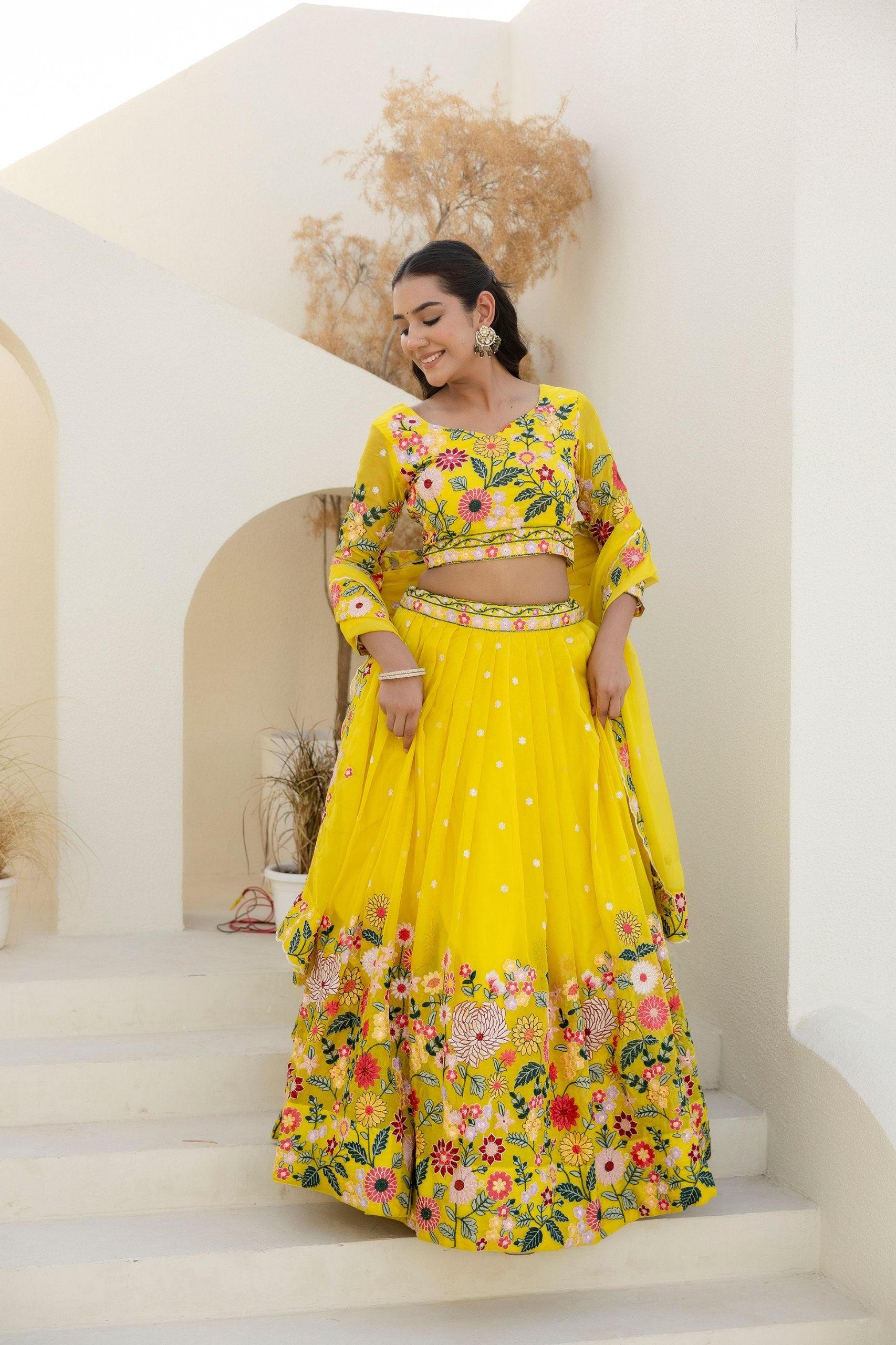 Yellow Floral Embroidered Organza Lehenga Set | RoopRivaaj