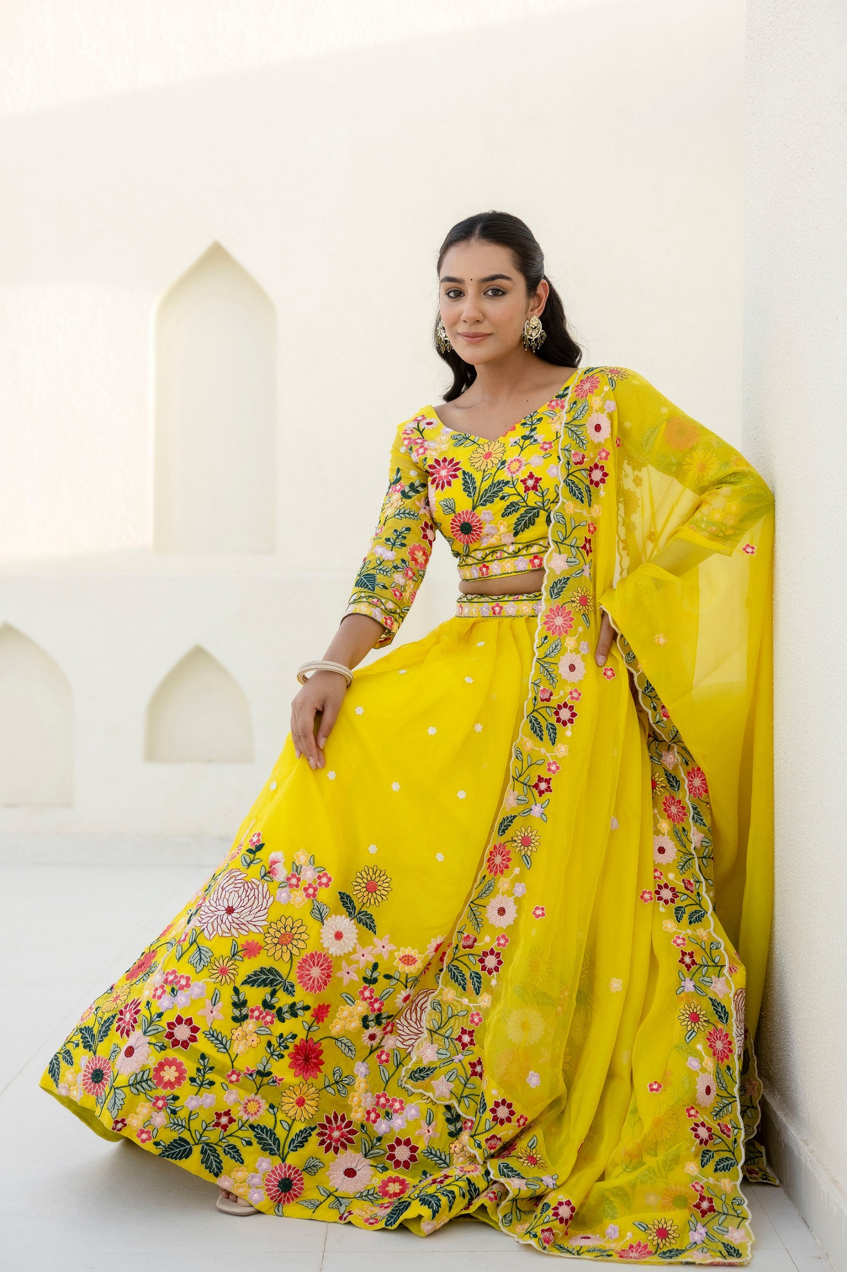 Yellow Floral Embroidered Organza Lehenga Set | RoopRivaaj