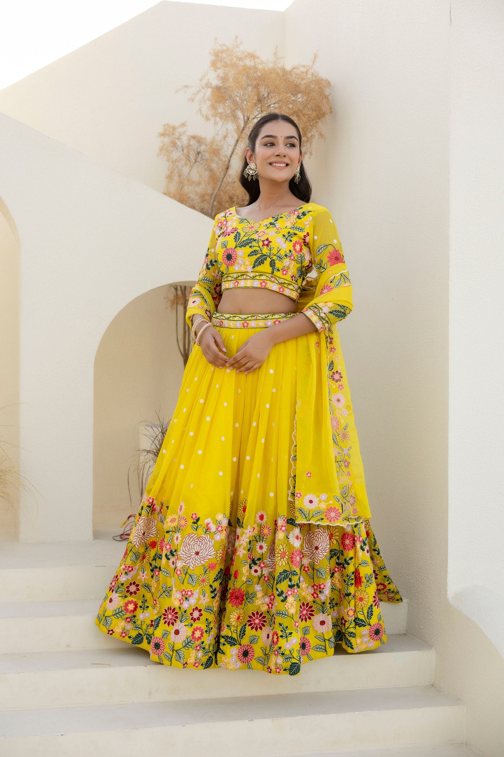 Yellow Floral Embroidered Organza Lehenga Set | RoopRivaaj