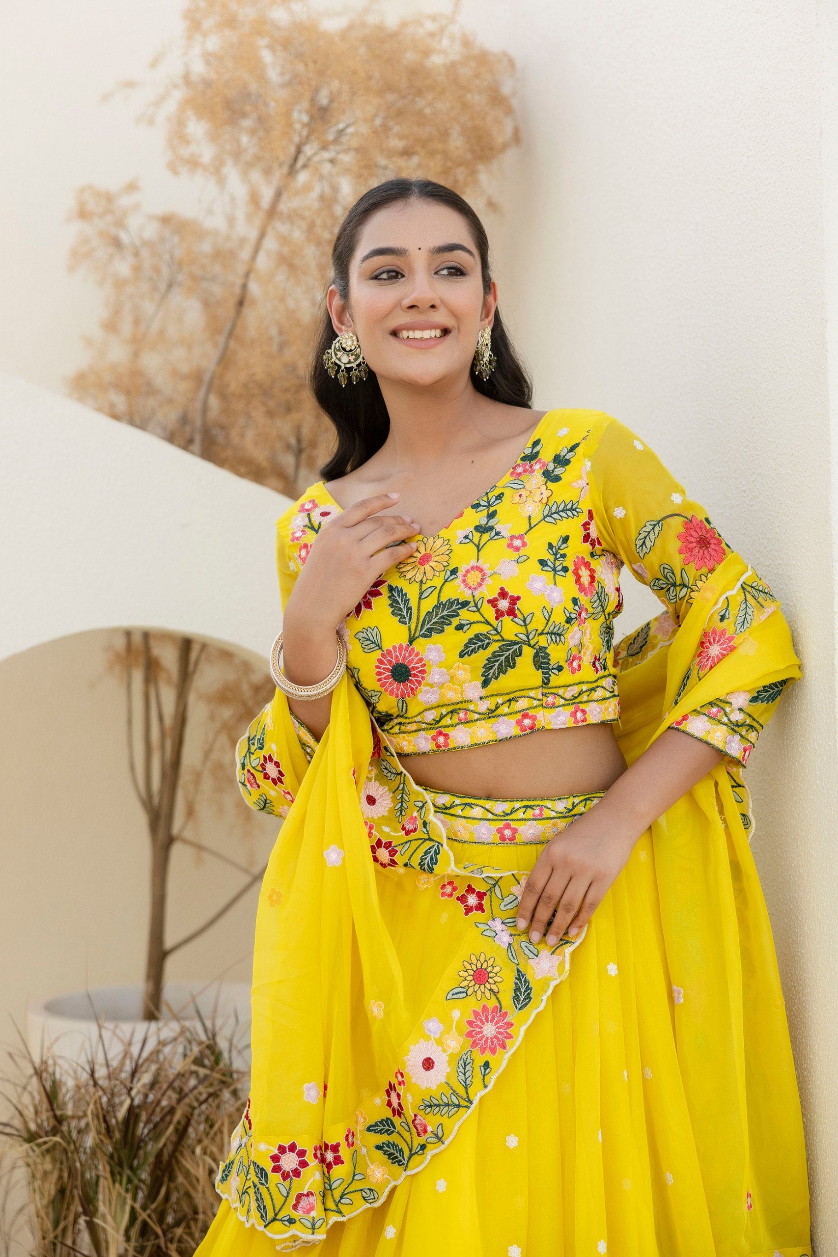Yellow Floral Embroidered Organza Lehenga Set | RoopRivaaj