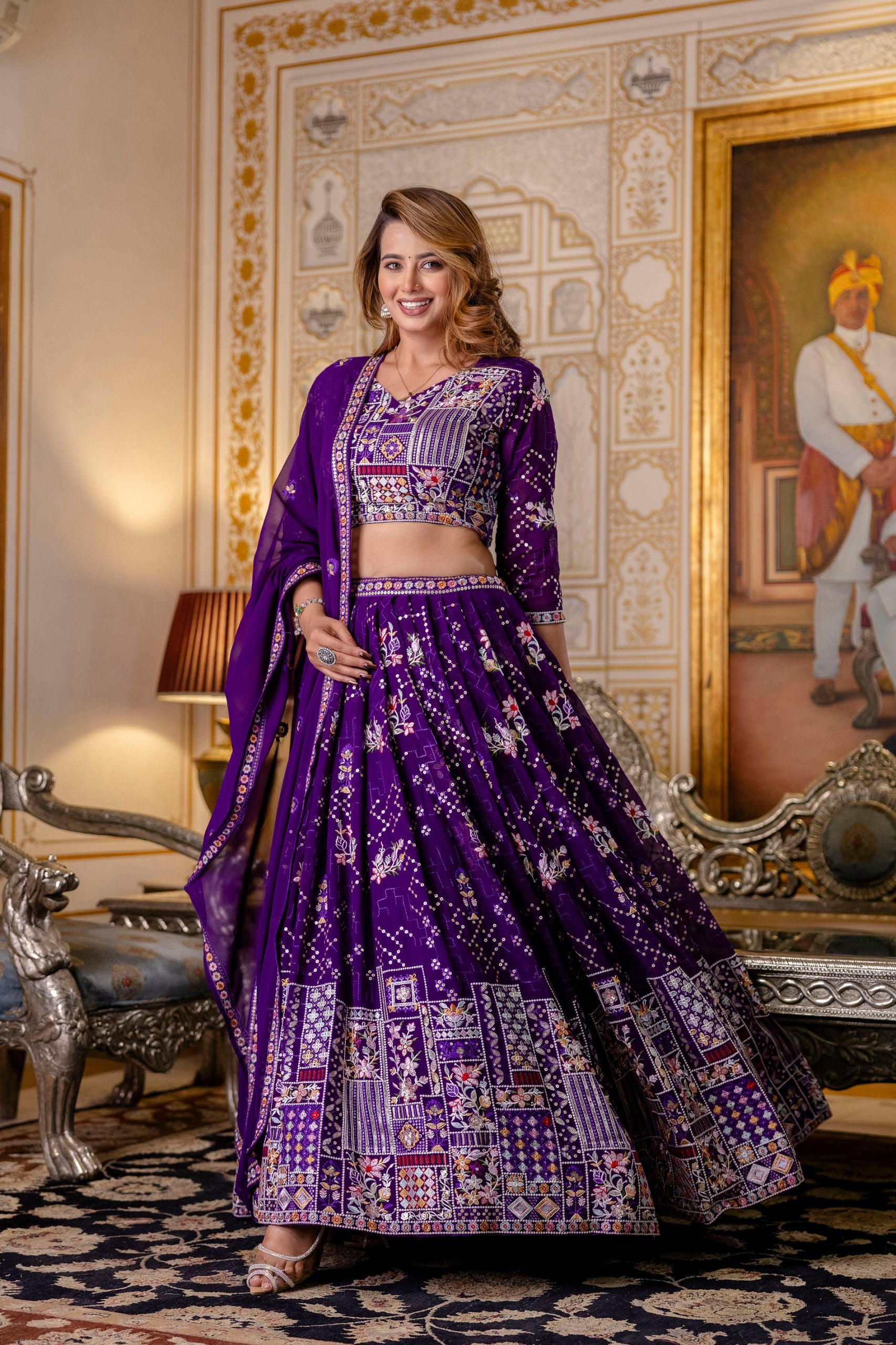 Purple Georgette Thread & Sequins Lehenga Choli Set | RoopRivaaj