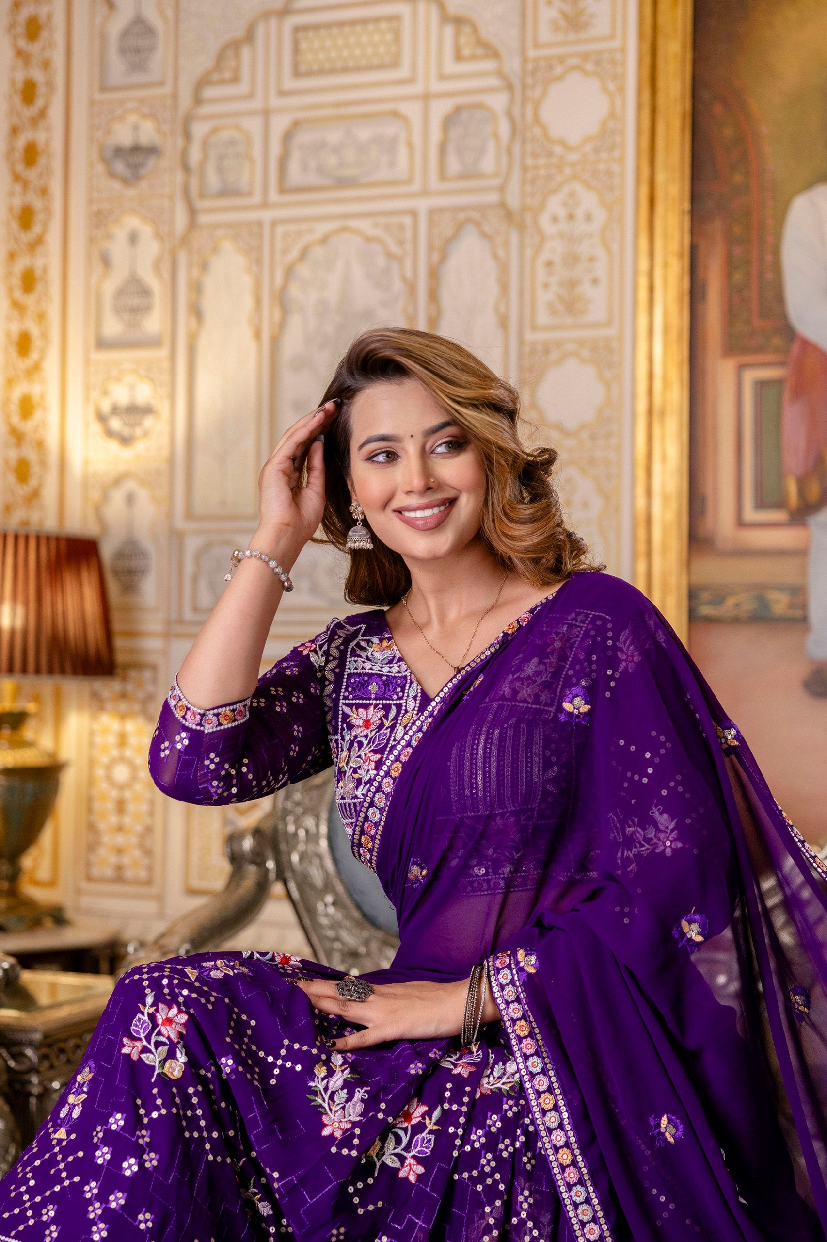 Purple Georgette Thread & Sequins Lehenga Choli Set | RoopRivaaj