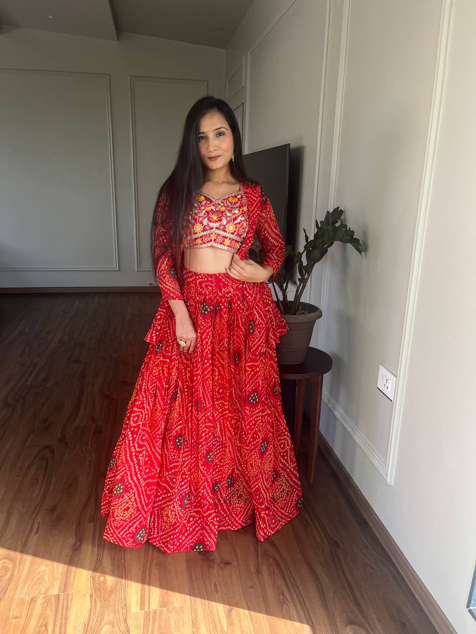 Bandhej Lehenga Choli Set with Jacket in Heavy Embroidery Work | RoopRivaaj