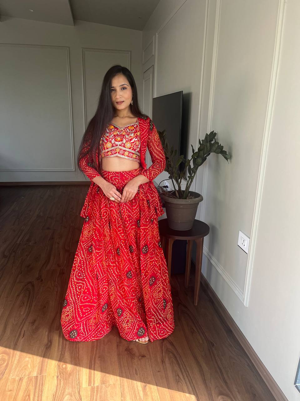 Bandhej Lehenga Choli Set with Jacket in Heavy Embroidery Work | RoopRivaaj