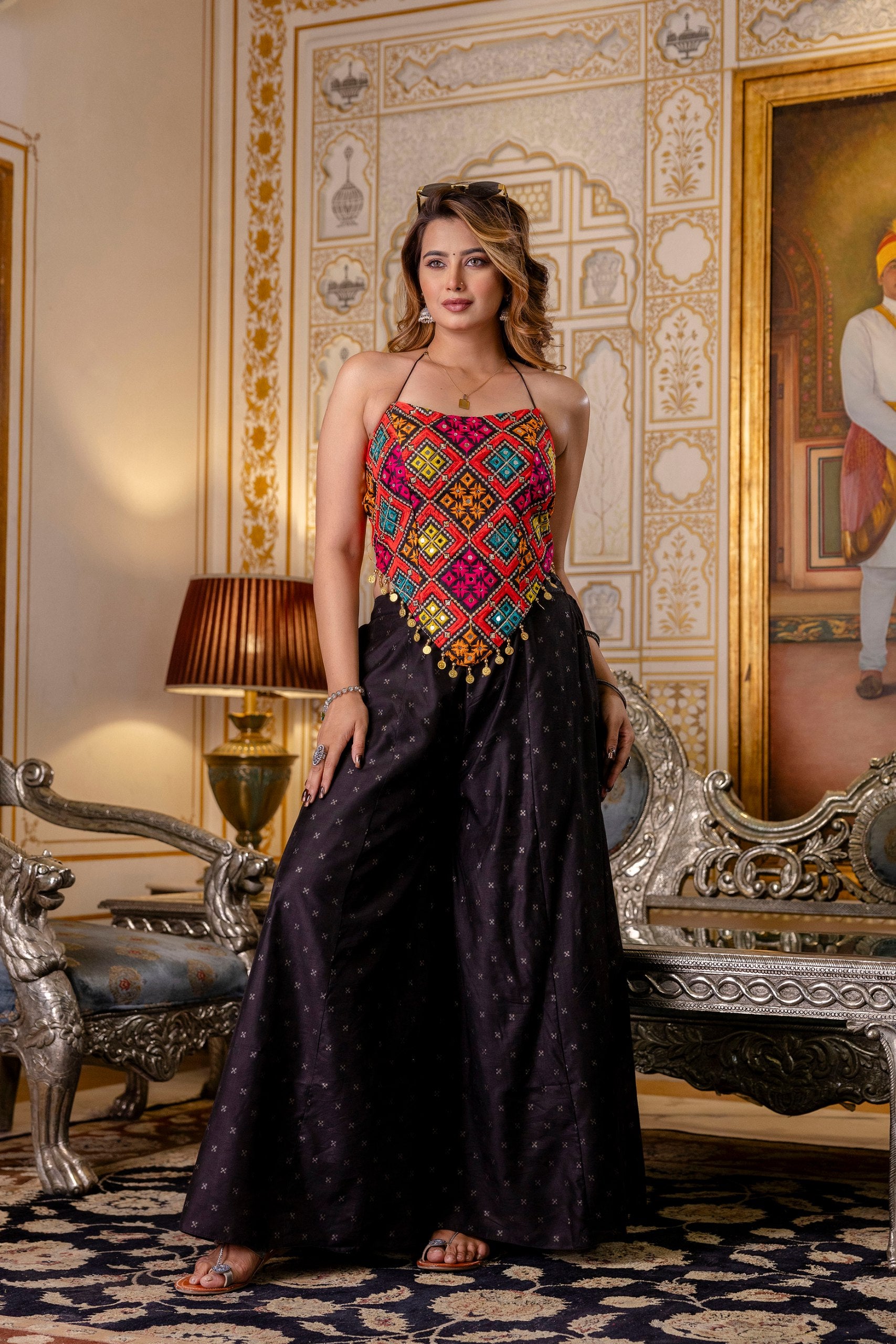 Black Embroidered Bangalori Silk Top with Pure Butti Palazzo Set | RoopRivaaj