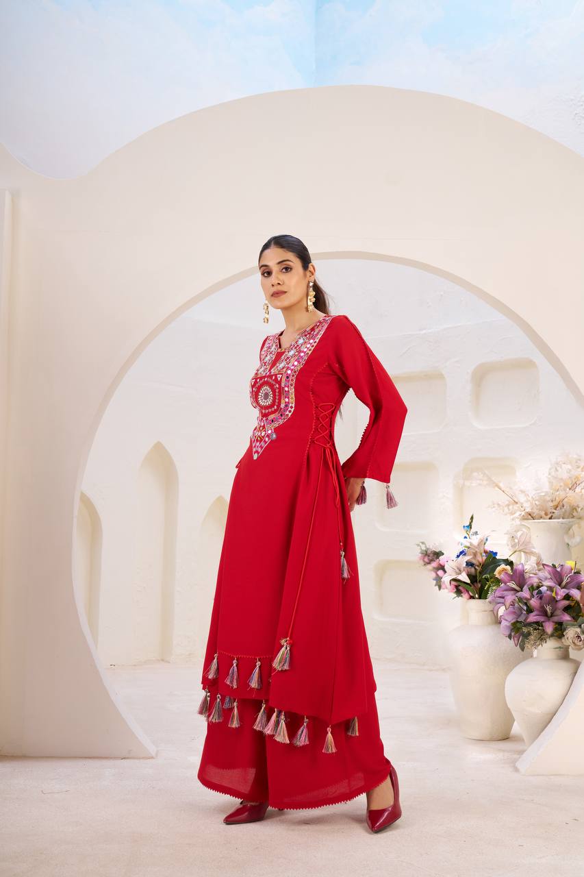 Rayon Co-ord Set with Tassels & Real Mirror Work | RoopRivaaj
