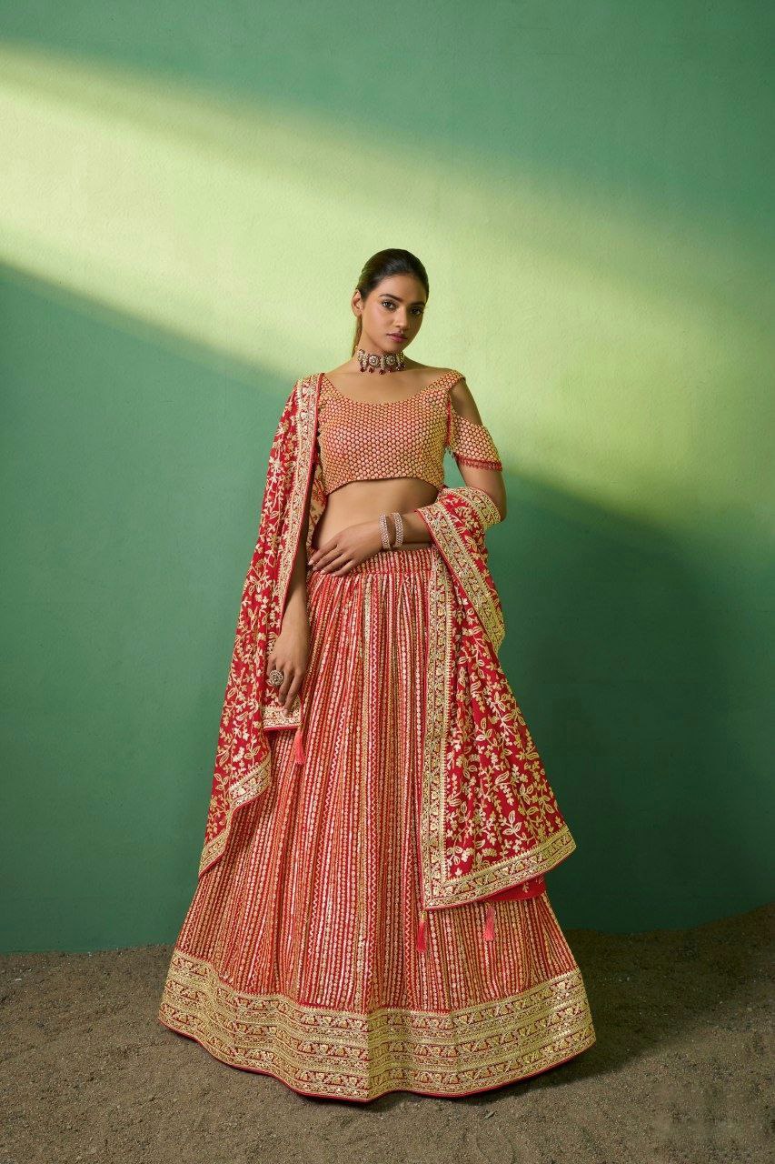 Red Georgette Lehenga Choli with Heavy Sequin Embroidery | RoopRivaaj