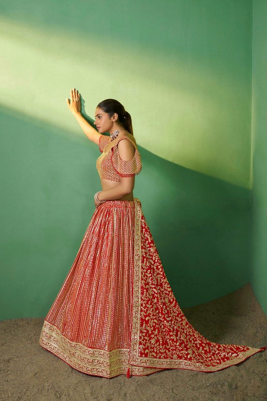 Red Georgette Lehenga Choli with Heavy Sequin Embroidery | RoopRivaaj