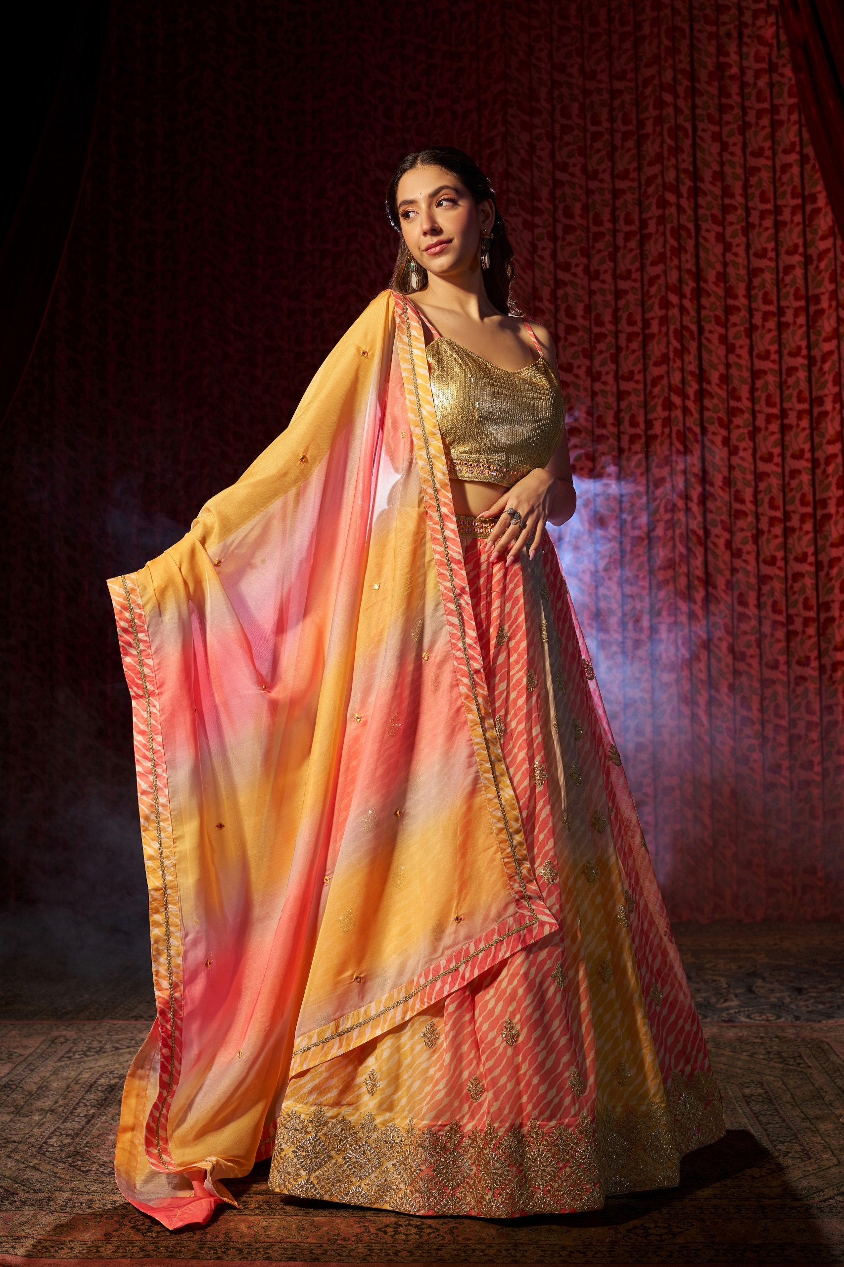 Digital Print Organza Lehenga Set with Cording Embroidery & Mirror Dupatta | RoopRivaaj