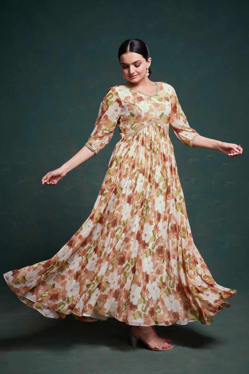 Heritage Bloom Kalamkari Chiffon Gown | RoopRivaaj