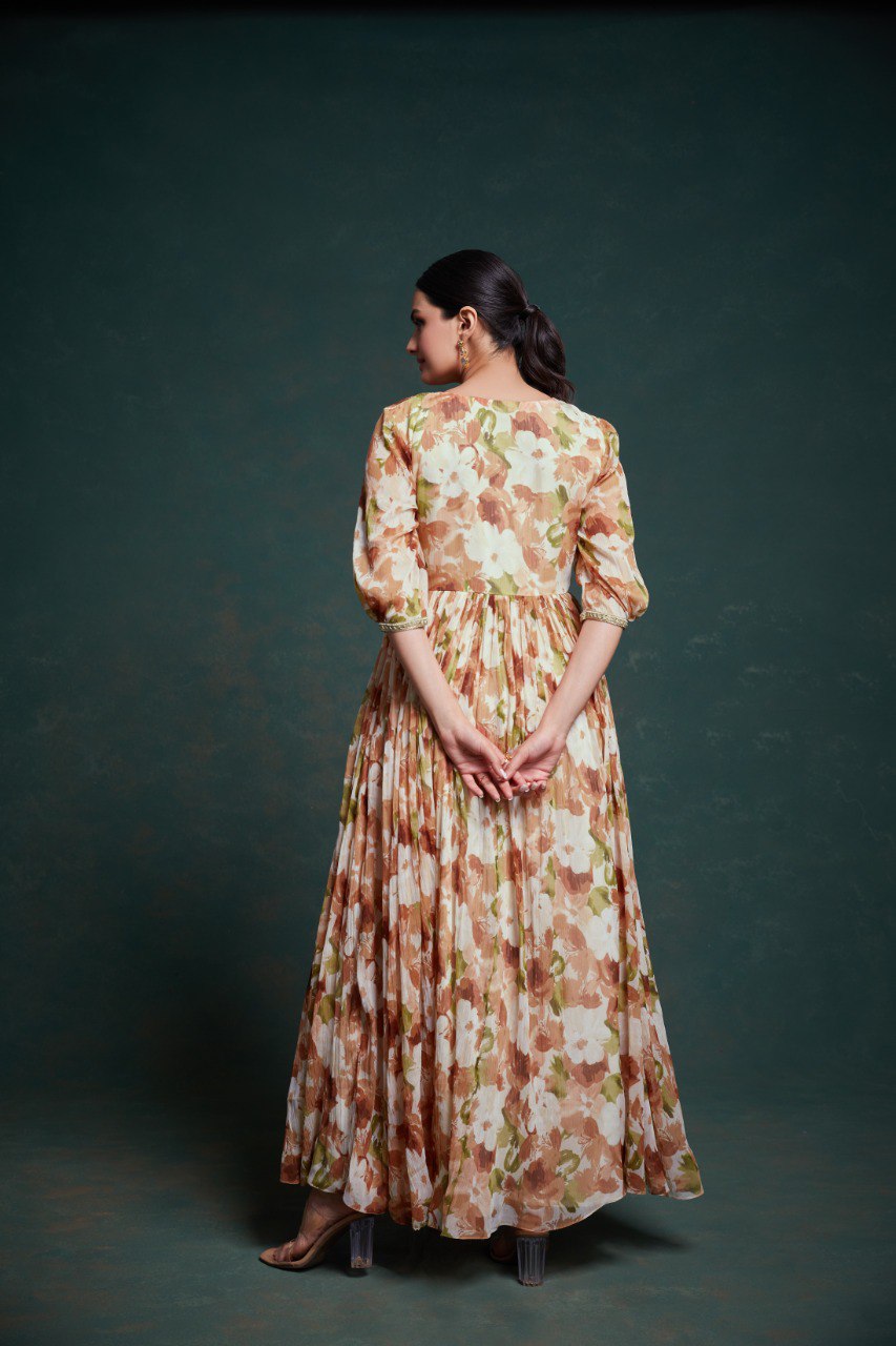 Heritage Bloom Kalamkari Chiffon Gown | RoopRivaaj