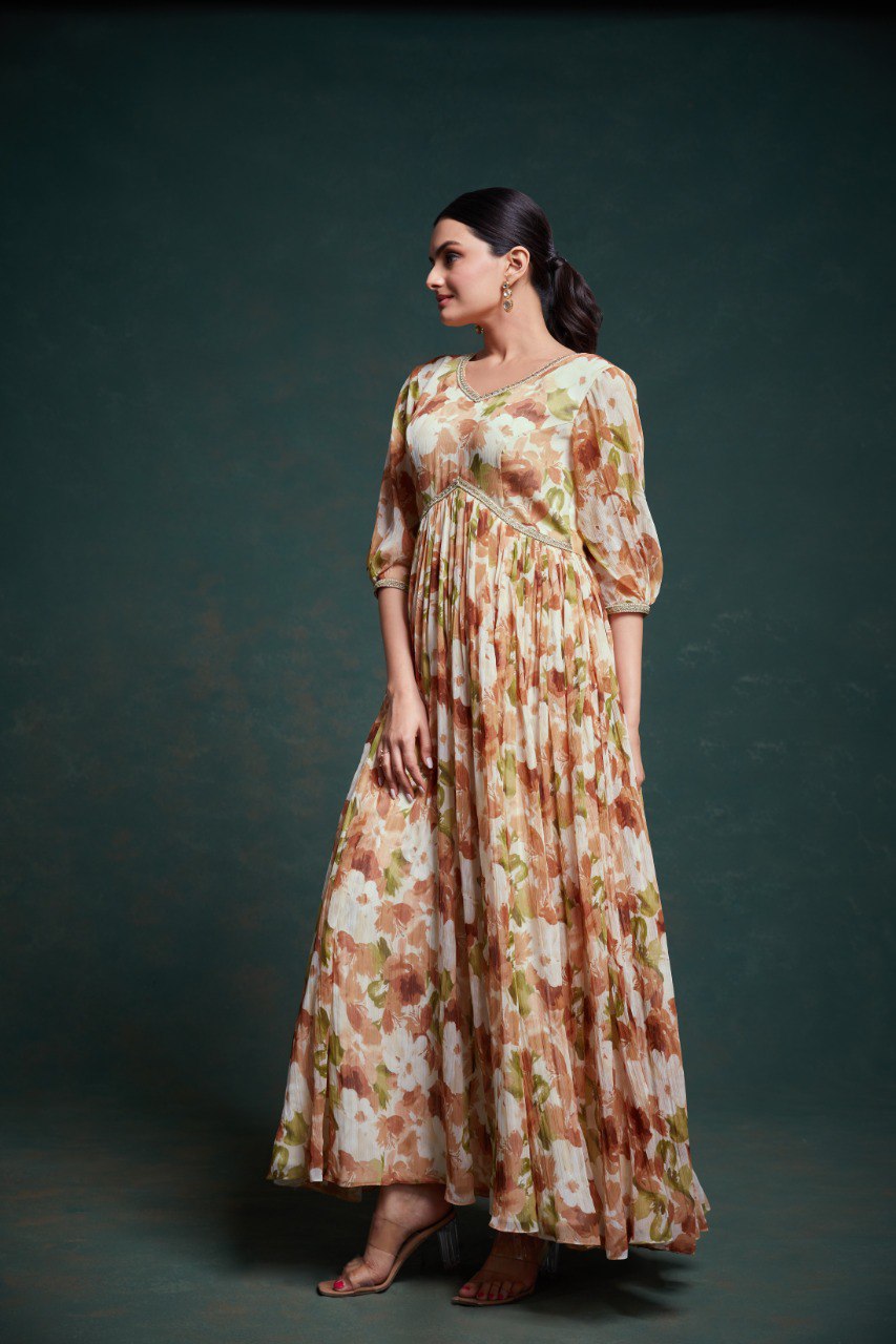 Heritage Bloom Kalamkari Chiffon Gown | RoopRivaaj