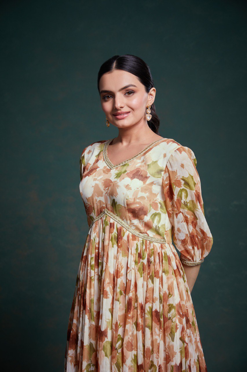Heritage Bloom Kalamkari Chiffon Gown | RoopRivaaj