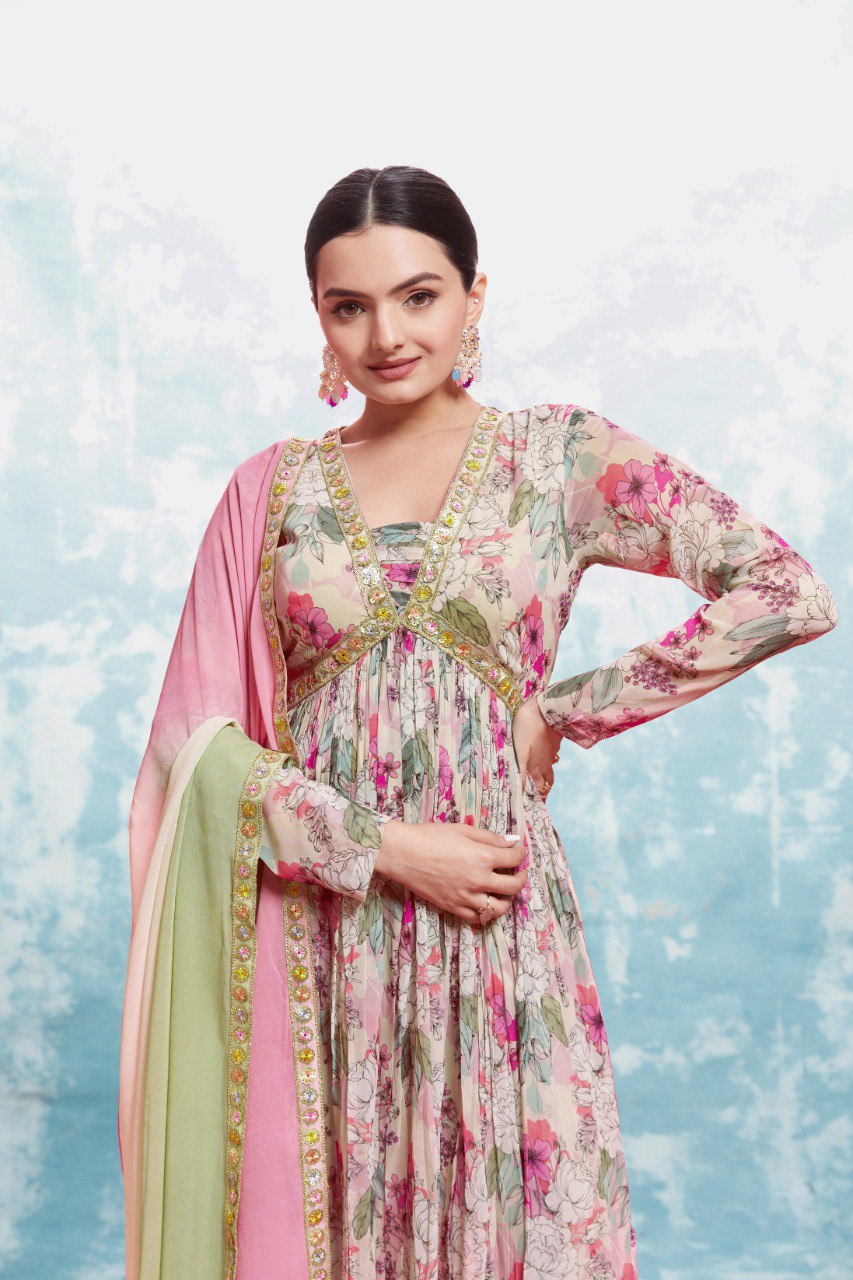Chic Blossom Georgette Anarkali Suit Set | RoopRivaaj