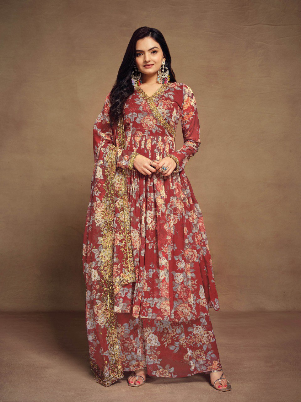 Zari Embroidered Chiffon Top Palazzo Set with Dupatta | RoopRivaaj