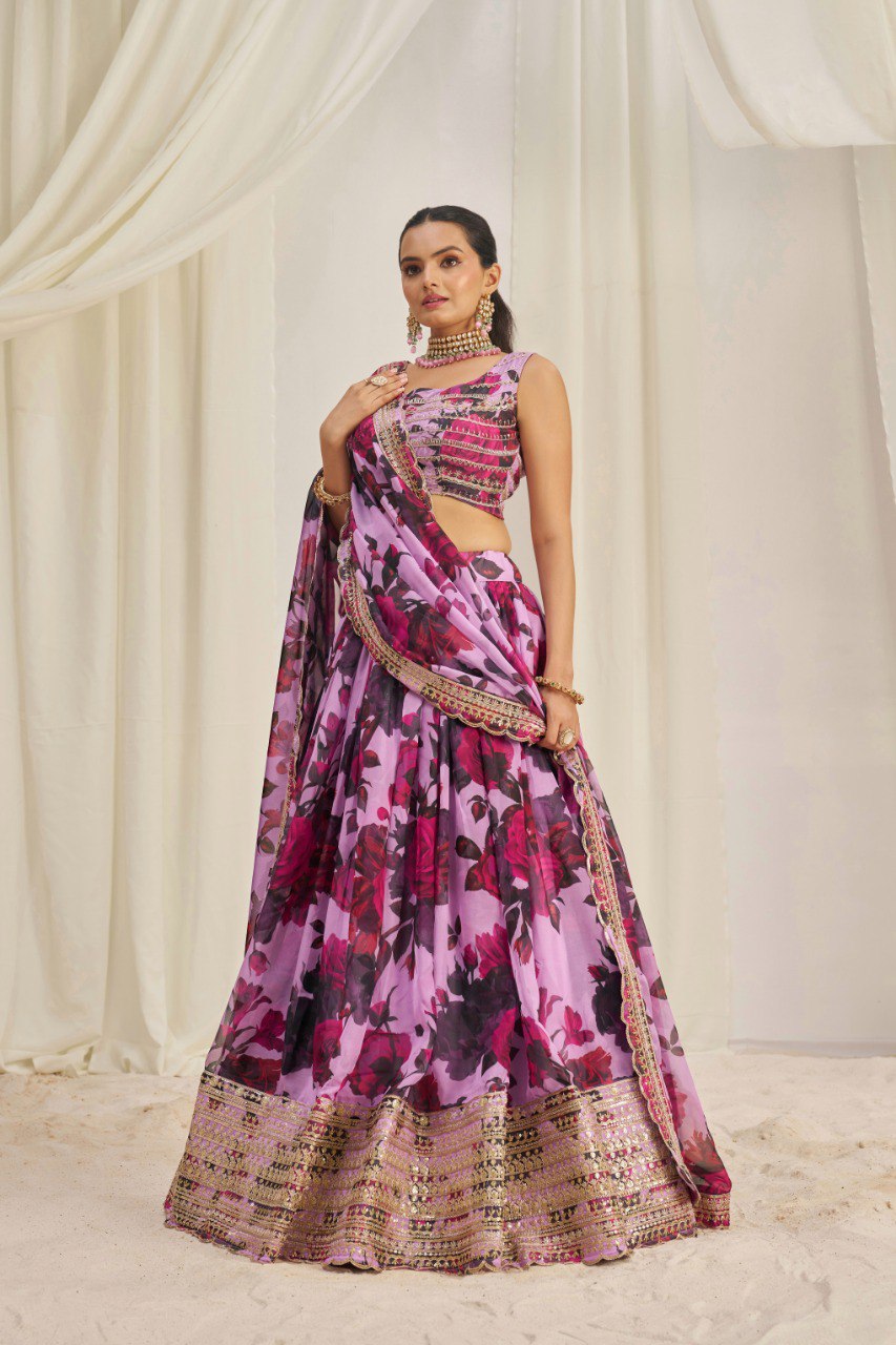 Dreamy Floral Printed Organza Lehenga Choli Set | RoopRivaaj