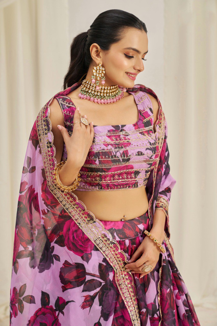 Dreamy Floral Printed Organza Lehenga Choli Set | RoopRivaaj