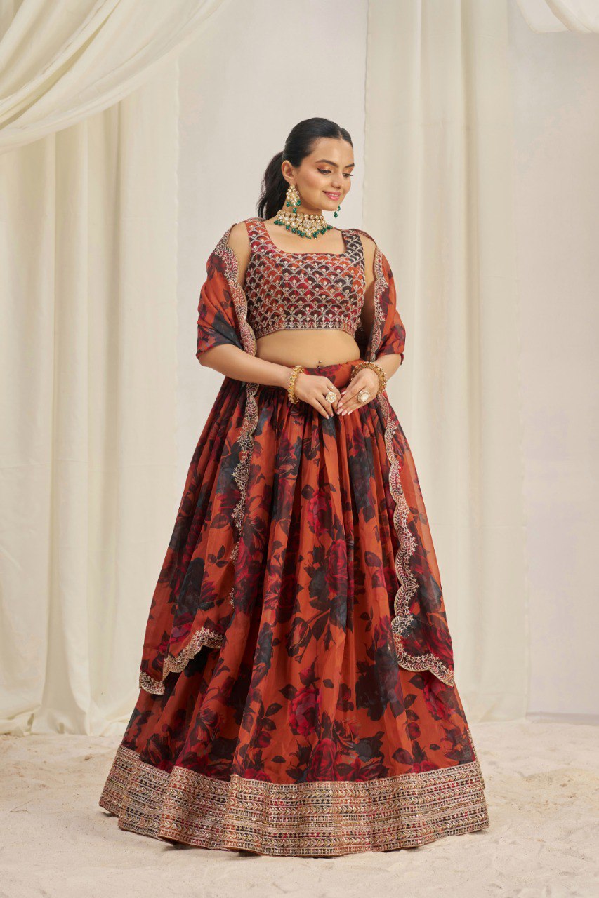Floral Printed Embroidered Organza Lehenga Choli | RoopRivaaj