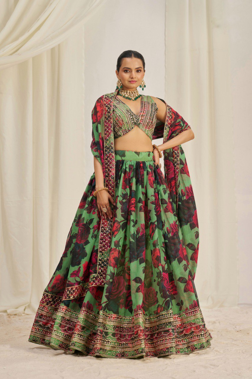 Green Floral Organza Lehenga Choli Set | RoopRivaaj