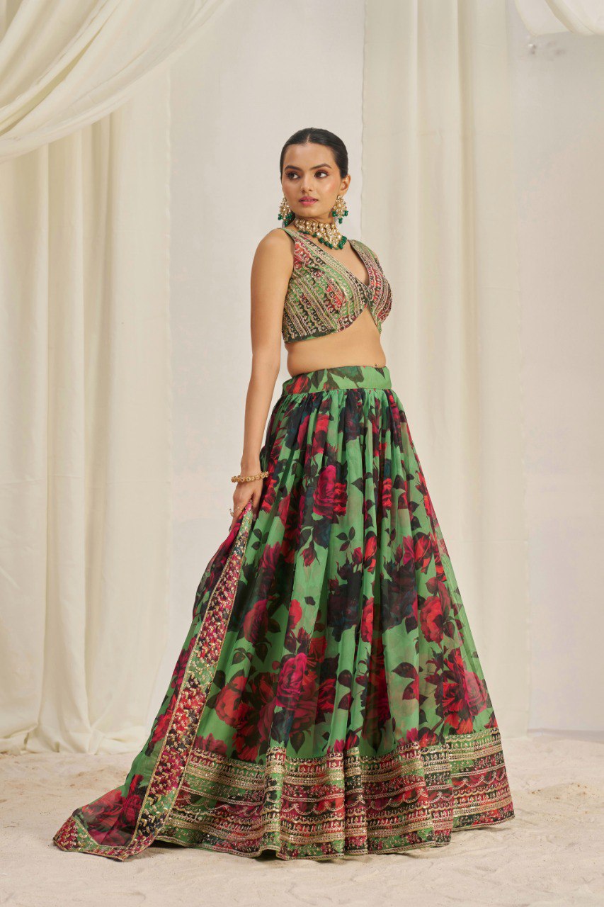 Green Floral Organza Lehenga Choli Set | RoopRivaaj