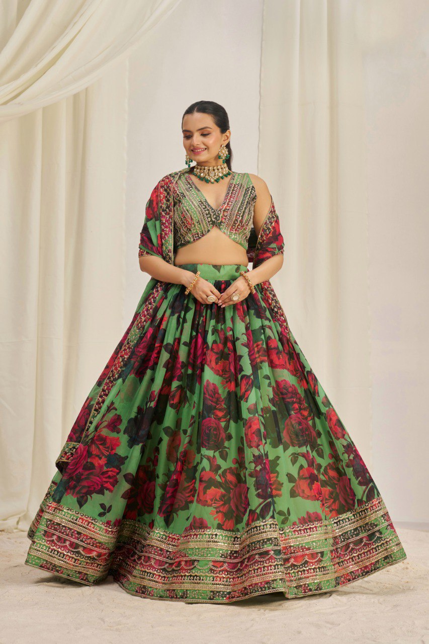 Green Floral Organza Lehenga Choli Set | RoopRivaaj