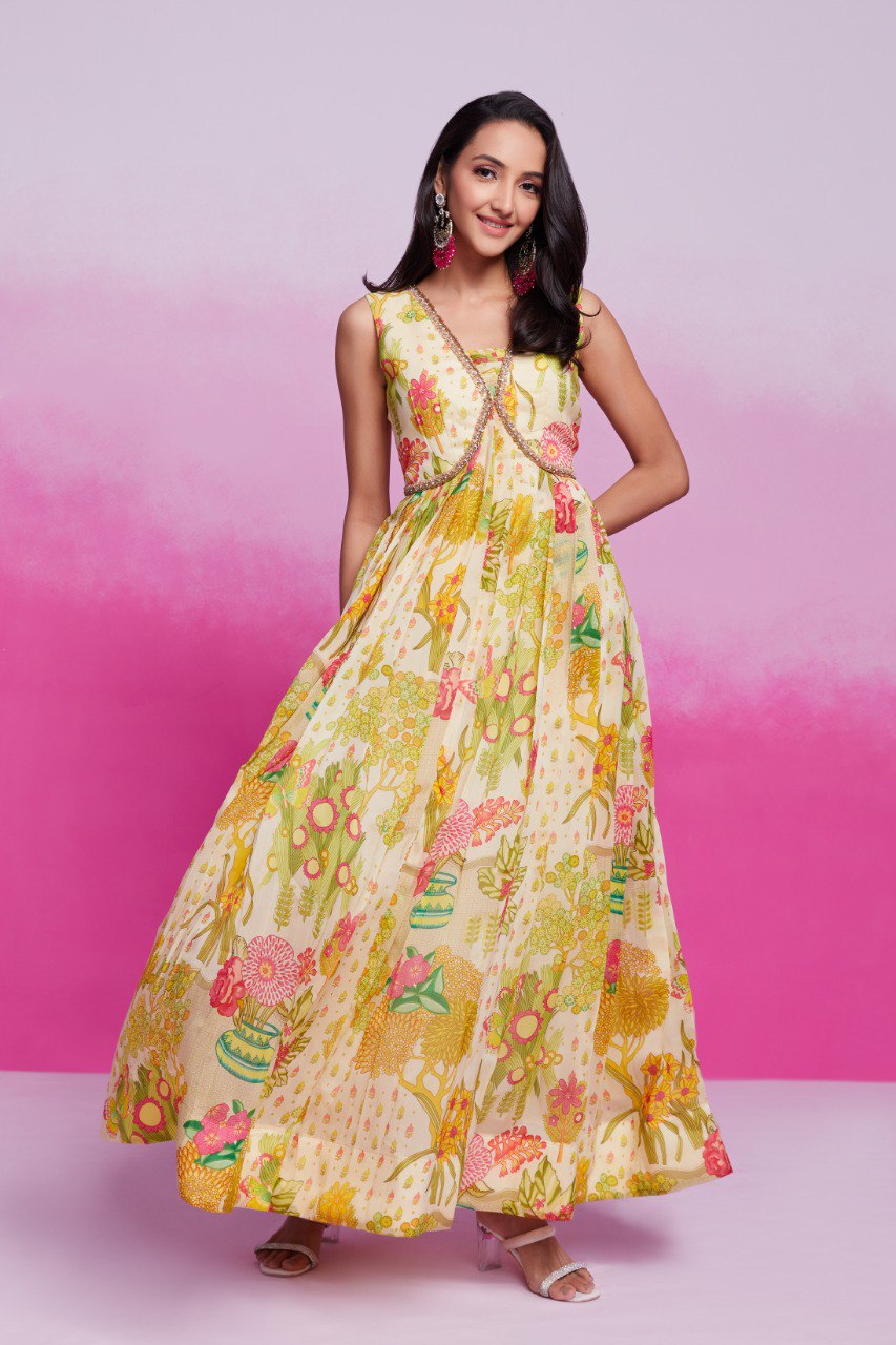 Fully Stitched Floral Organza Printed Gown | RoopRivaaj