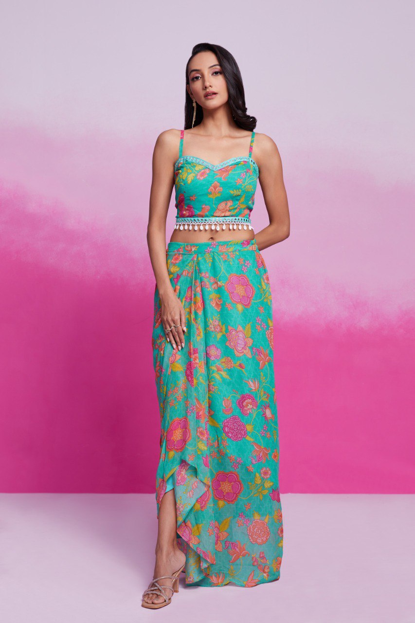 Turquoise Georgette Jacket Co-Ord Set | RoopRivaaj
