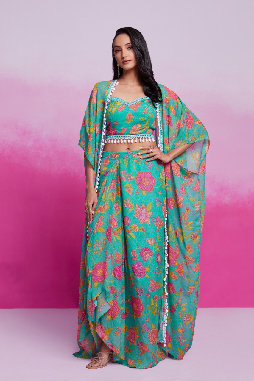 Turquoise Georgette Jacket Co-Ord Set | RoopRivaaj