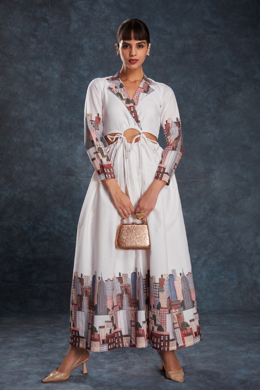 White Printed Linen Maxi Gown | RoopRivaaj