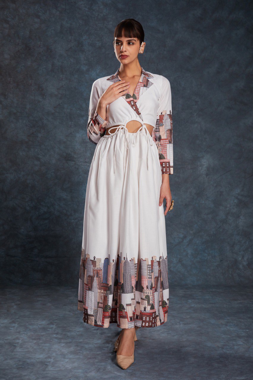 White Printed Linen Maxi Gown | RoopRivaaj