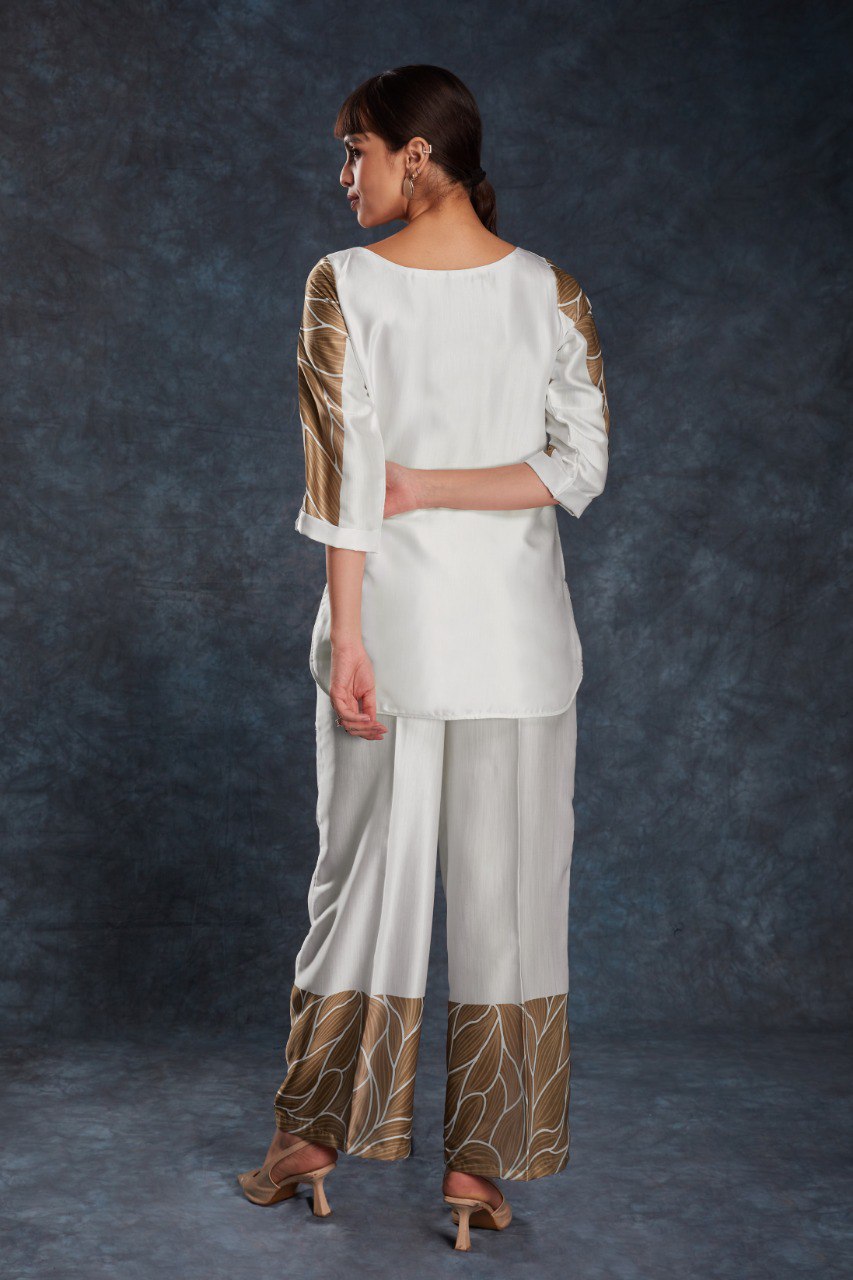 White Printed Co-Ord Set in Linen Satin | RoopRivaaj