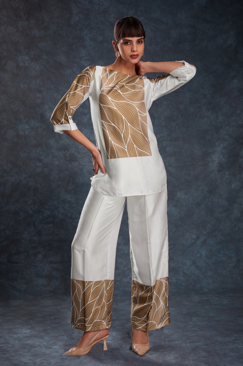 White Printed Co-Ord Set in Linen Satin | RoopRivaaj