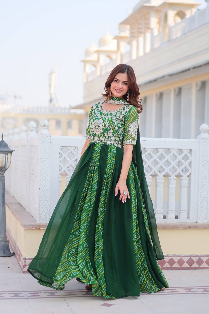 Traditional Bandhej Anarkali Gown with Dupatta in Sequence Embroidery | RoopRivaaj