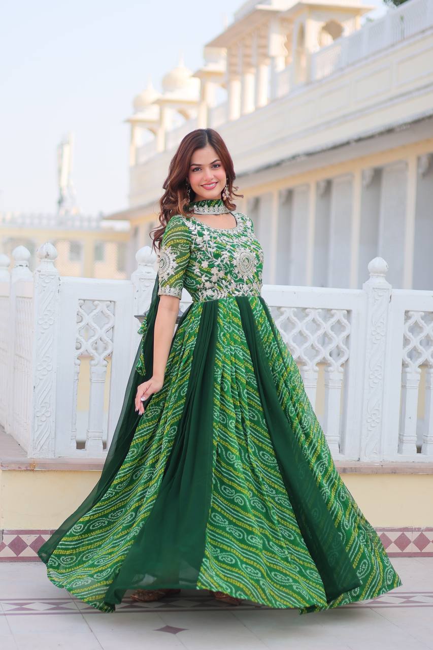 Traditional Bandhej Anarkali Gown with Dupatta in Sequence Embroidery | RoopRivaaj