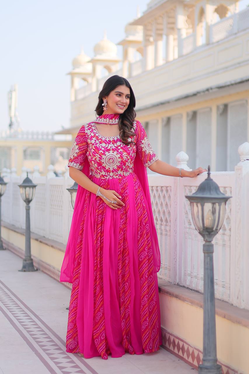 Traditional Bandhej Anarkali Gown with Dupatta in Sequence Embroidery | RoopRivaaj