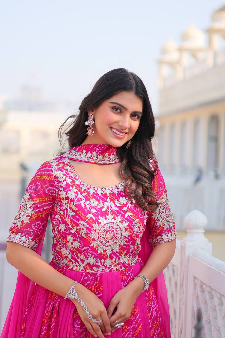 Traditional Bandhej Anarkali Gown with Dupatta in Sequence Embroidery | RoopRivaaj