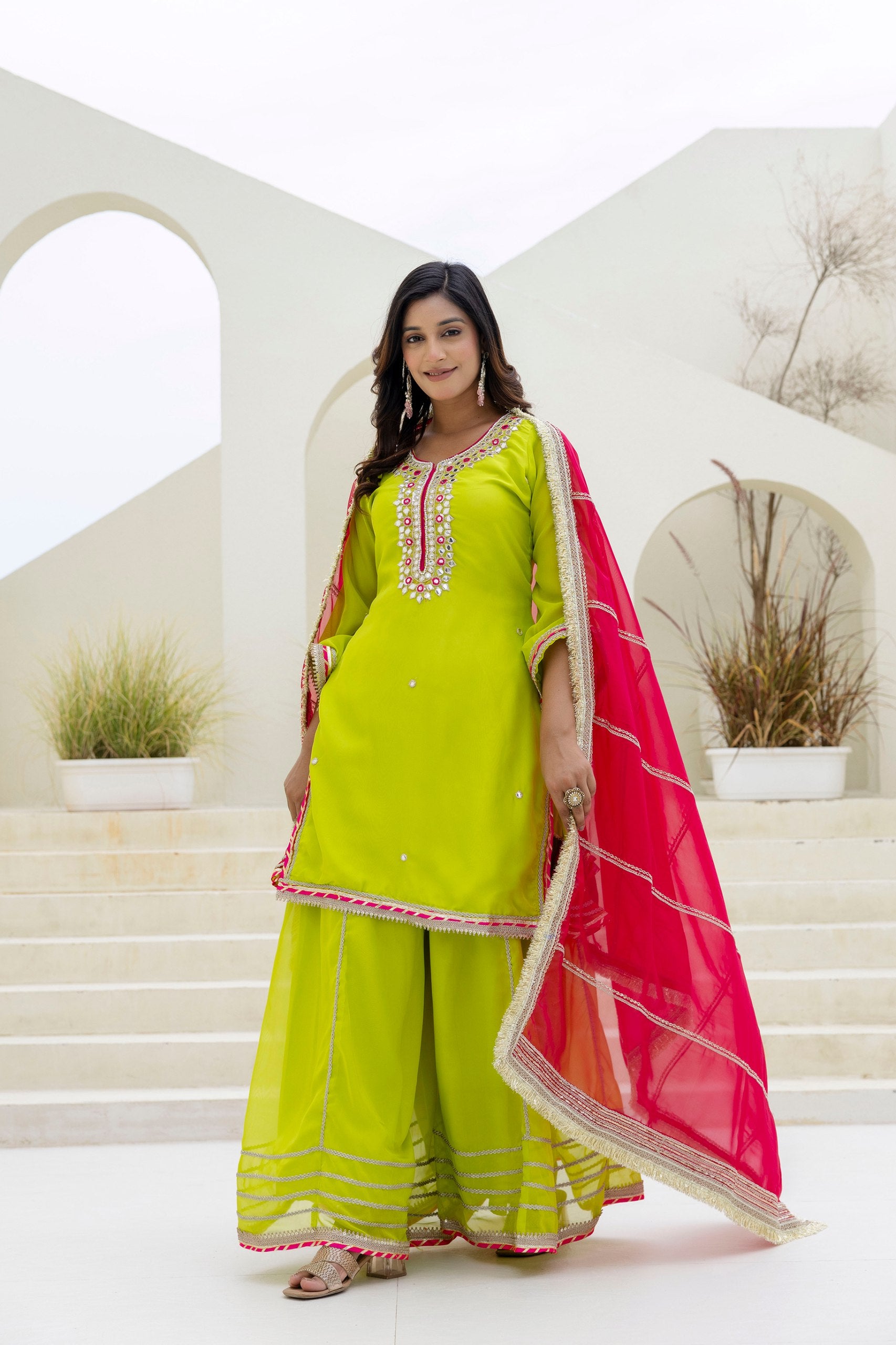 Foil Embroidered Organza Palazzo Set with Pearl & Sequins Detailing | RoopRivaaj